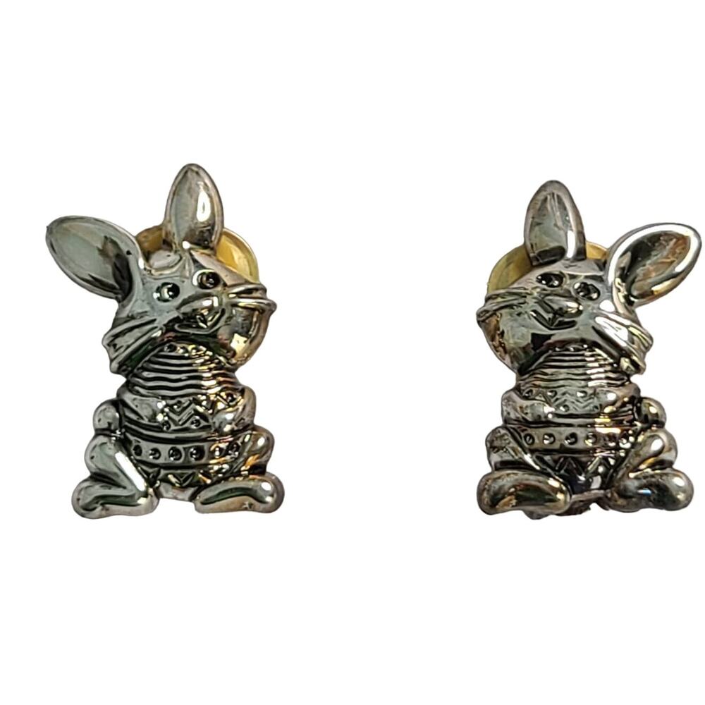 Vintage 1990s Best Easter Bunny Silver tone Metal Clip Earrings 1" NEW Oldstock